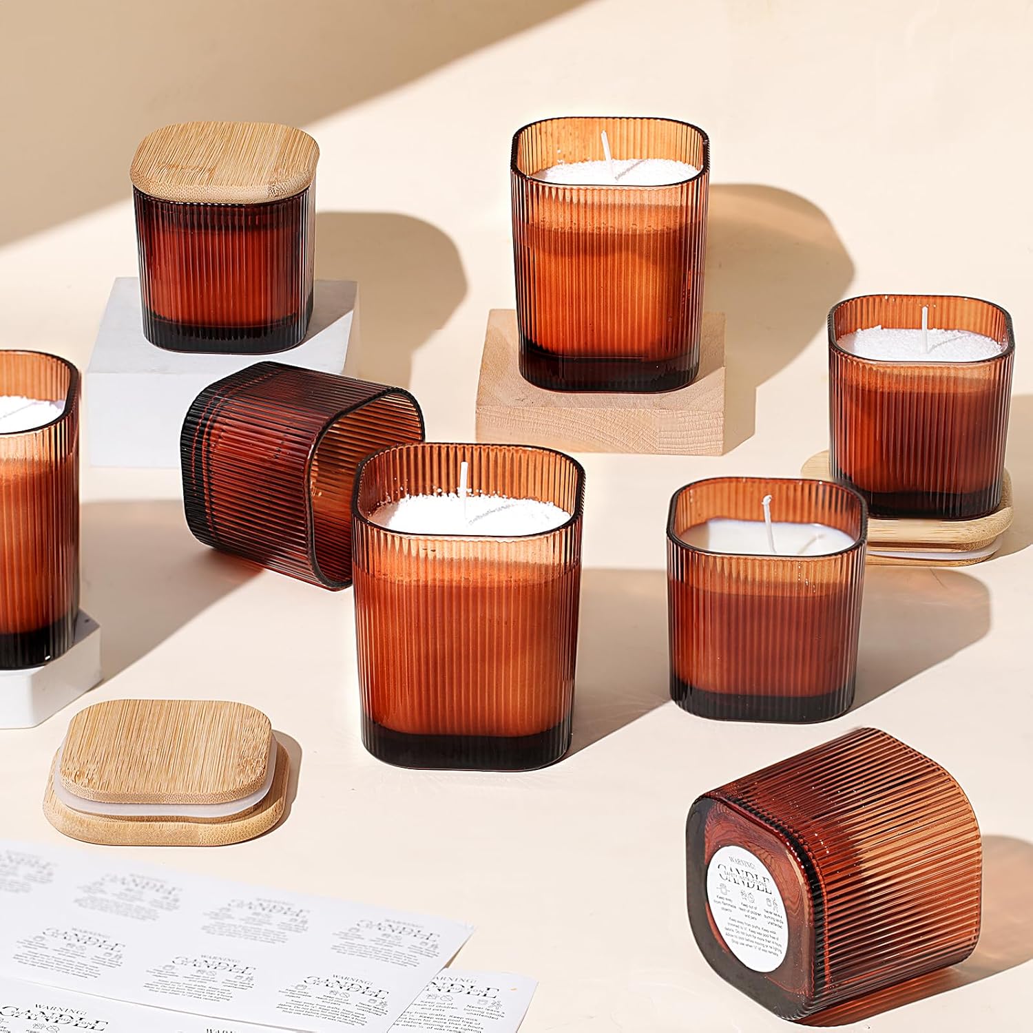 12oz and 6oz Amber Glass Candle Jars Set of 12 with Lids
