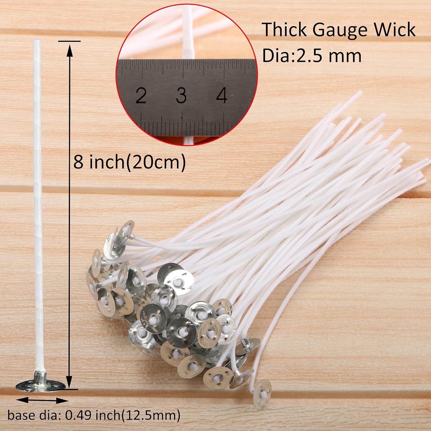 MILIVIXAY 100PCS 8 Inch Candle Wicks with Metal Tabs and Wood Holders