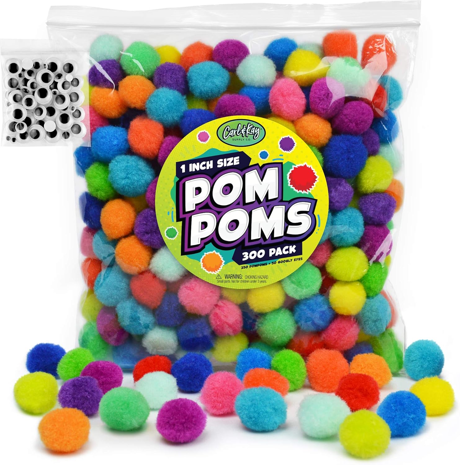 Carl Kay 300 Pcs 1 Inch Pom Poms 50 Adhesive Eyes Craft Set