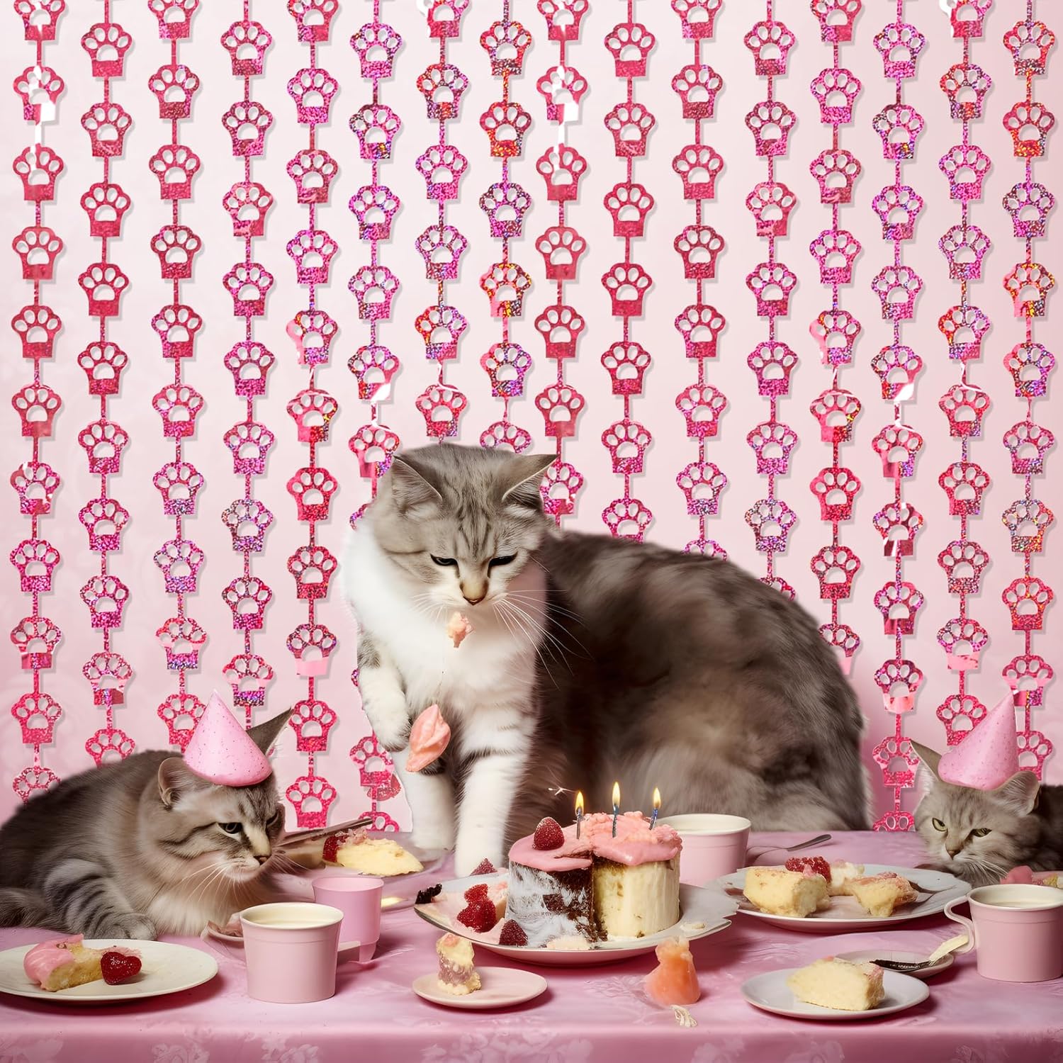 Pink Cat Paw Foil Fringe Curtains 2 Pack