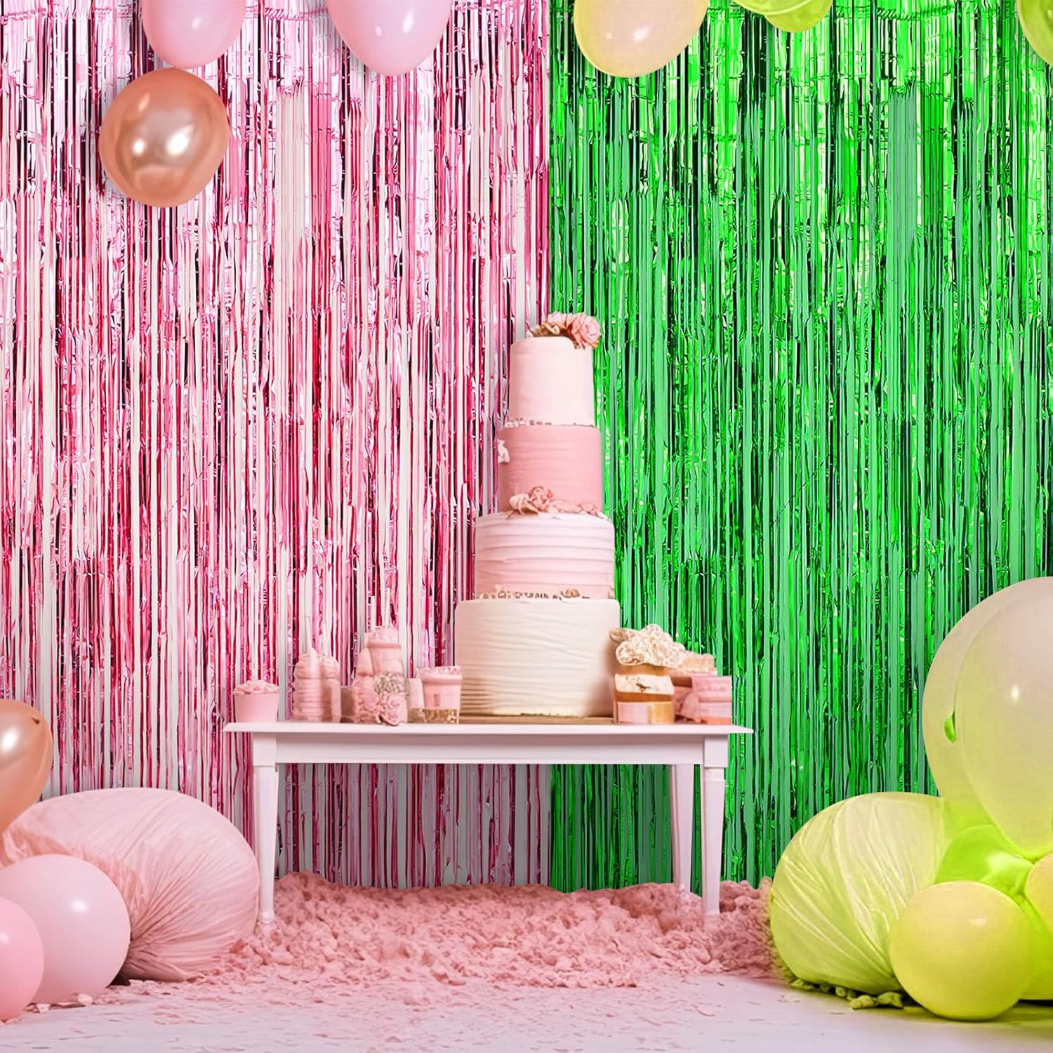 4 Pack Pink and Green Tinsel Curtain Backdrop