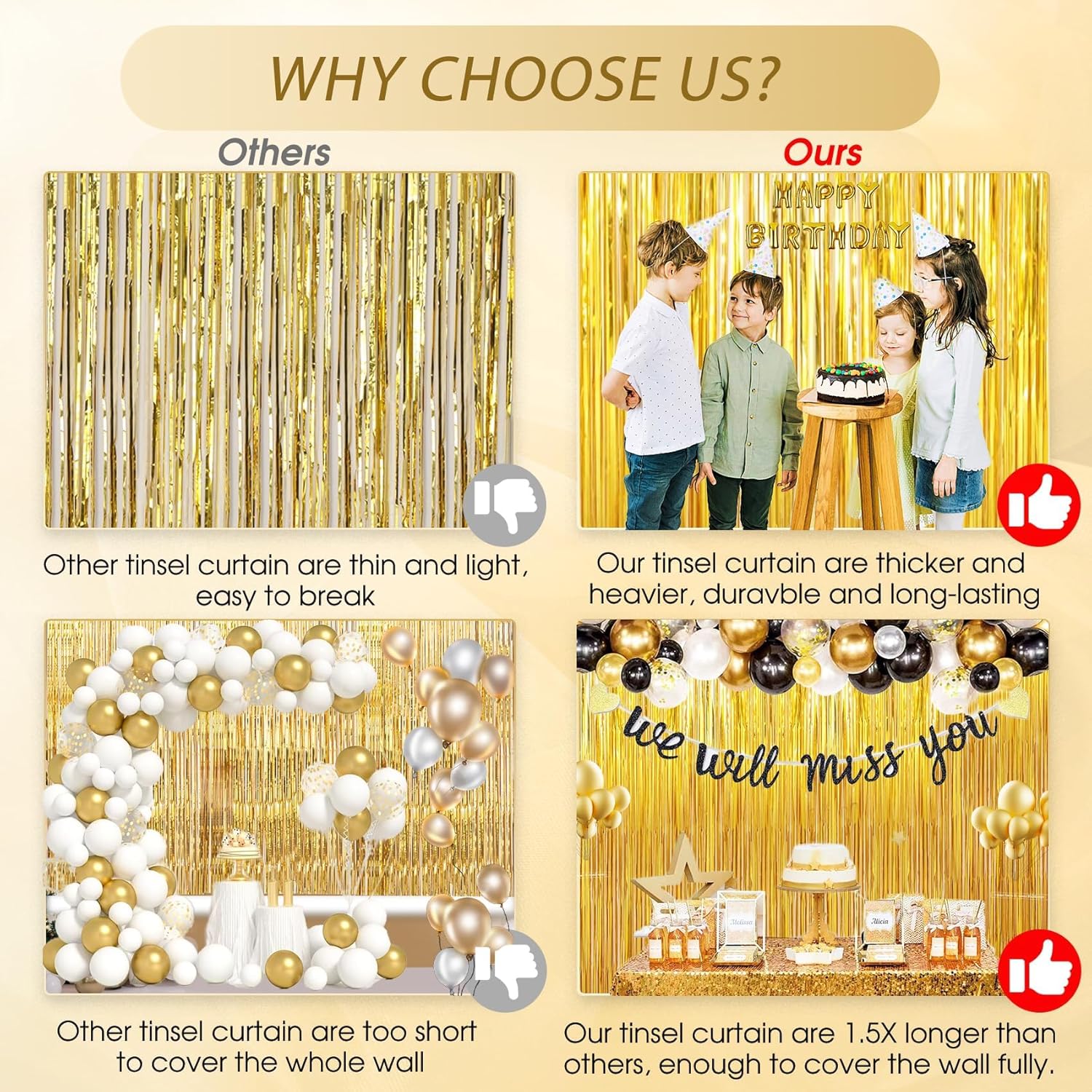 3 Pack Gold Foil Fringe Backdrop Curtains for Parties
