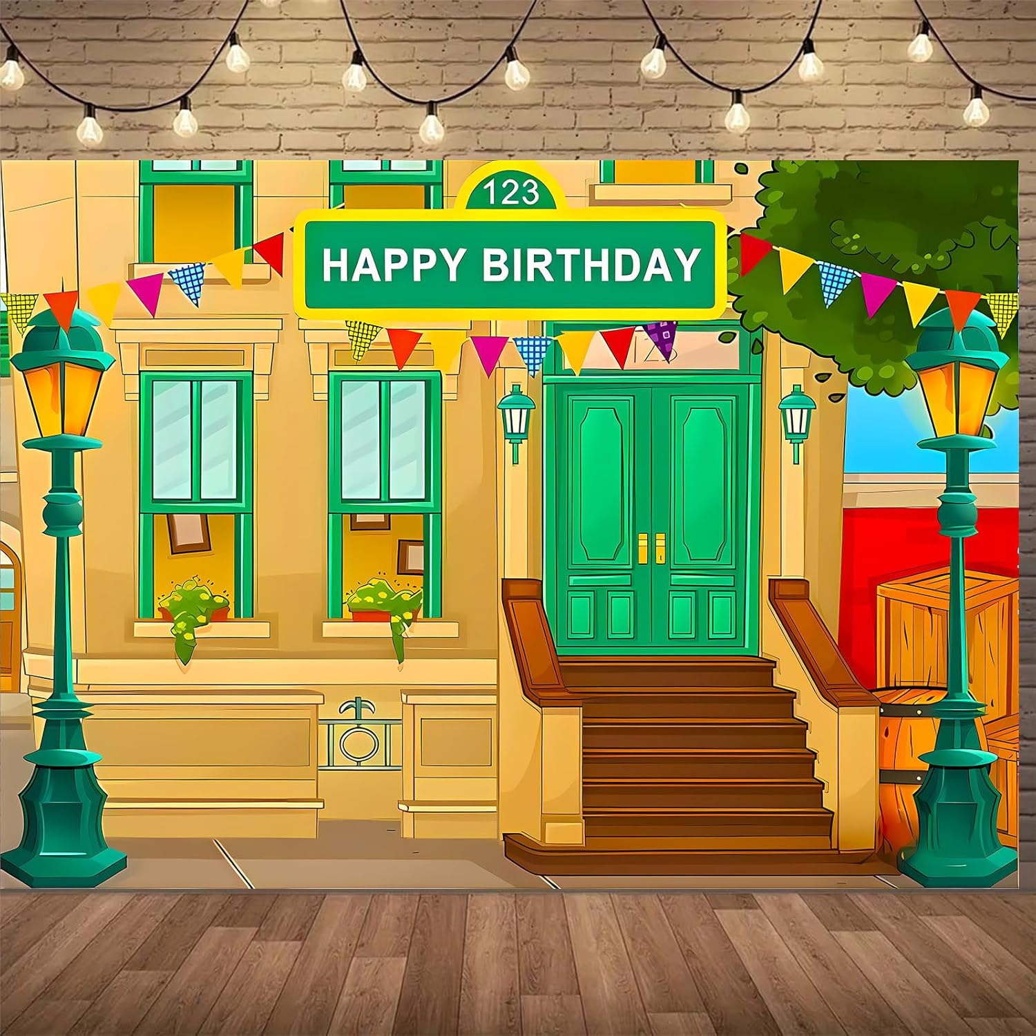 Happy Birthday Cartoon Street Theme Brick Wall Photo Background