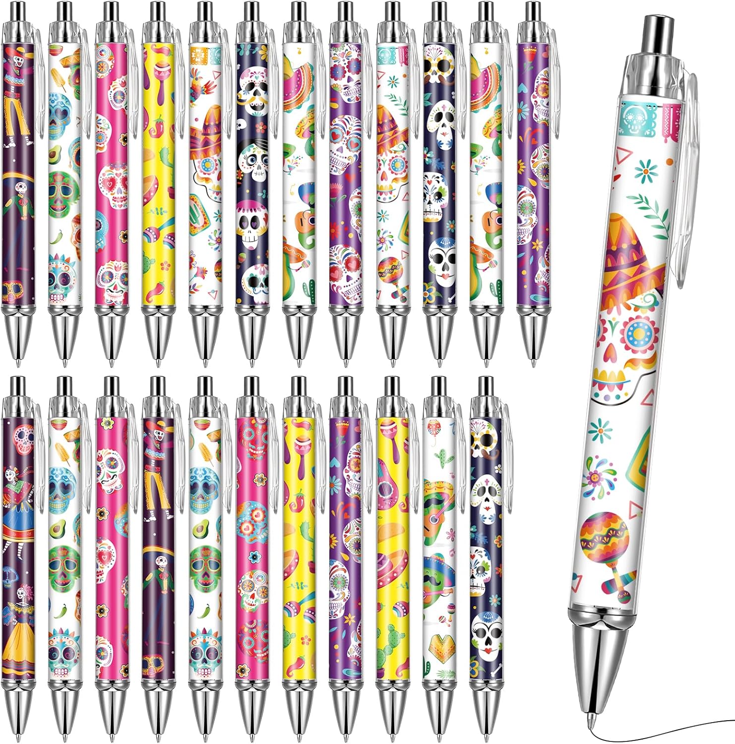 Sugar Skull Ballpoint Pens 24-Pack Colorful Retractable