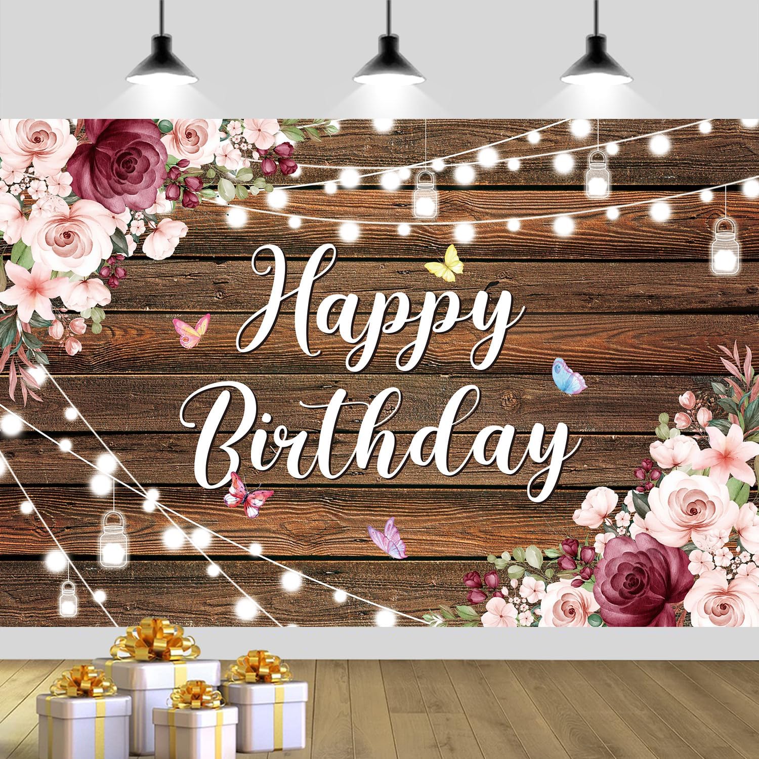 YinQin Rustic Wood Flower Happy Birthday Backdrop Cloth Banner 180x120cm
