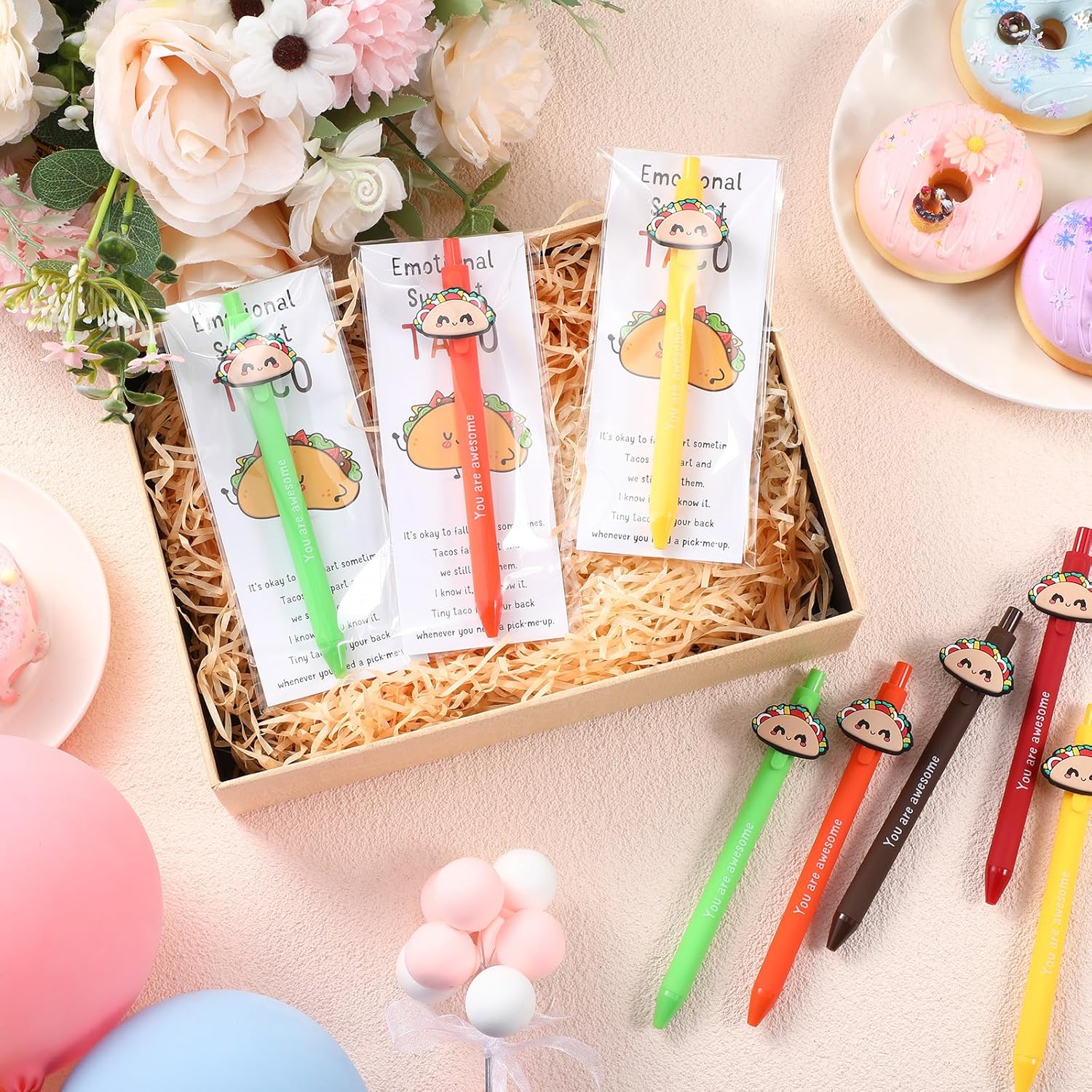 Qilery 25 Piece Emotional Support Taco Pens Gift Set
