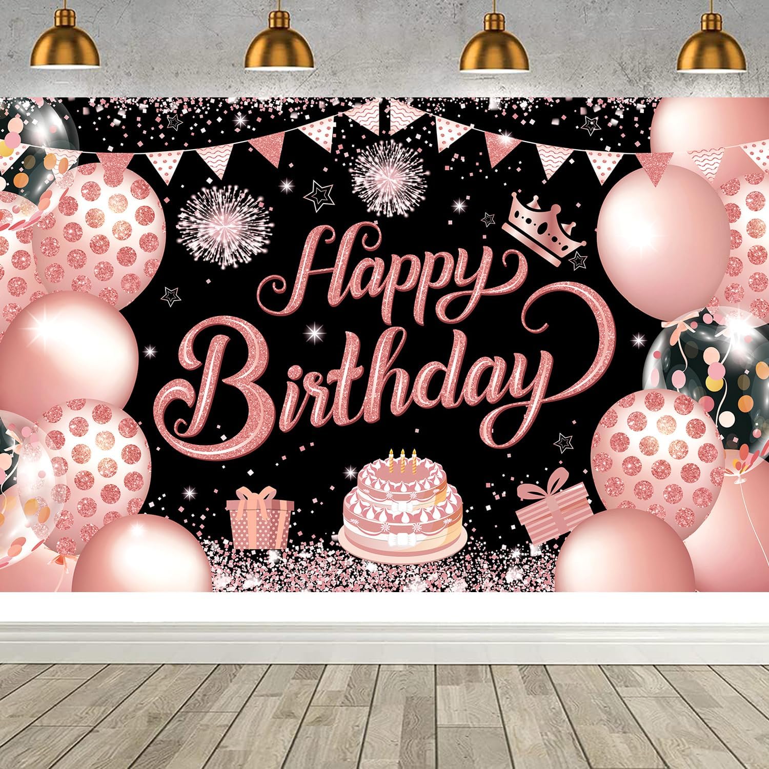 YinQin 180x120 cm Black Rose Gold Happy Birthday Photography Backdrop Cloth