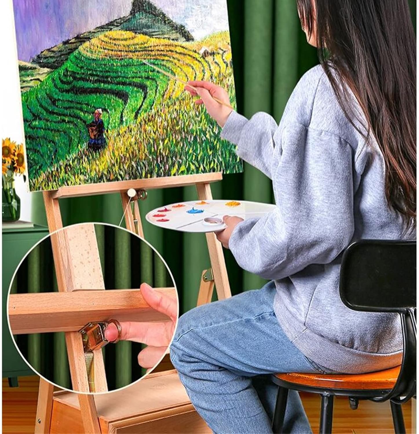Adjustable Wooden H-Frame Art Easel with Storage Drawer