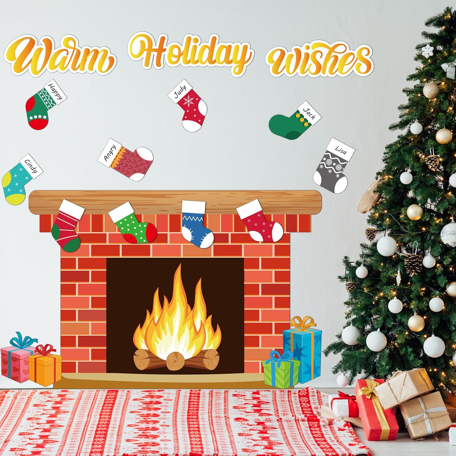 Christmas Bulletin Board with Fireplace and Stocking Cutouts