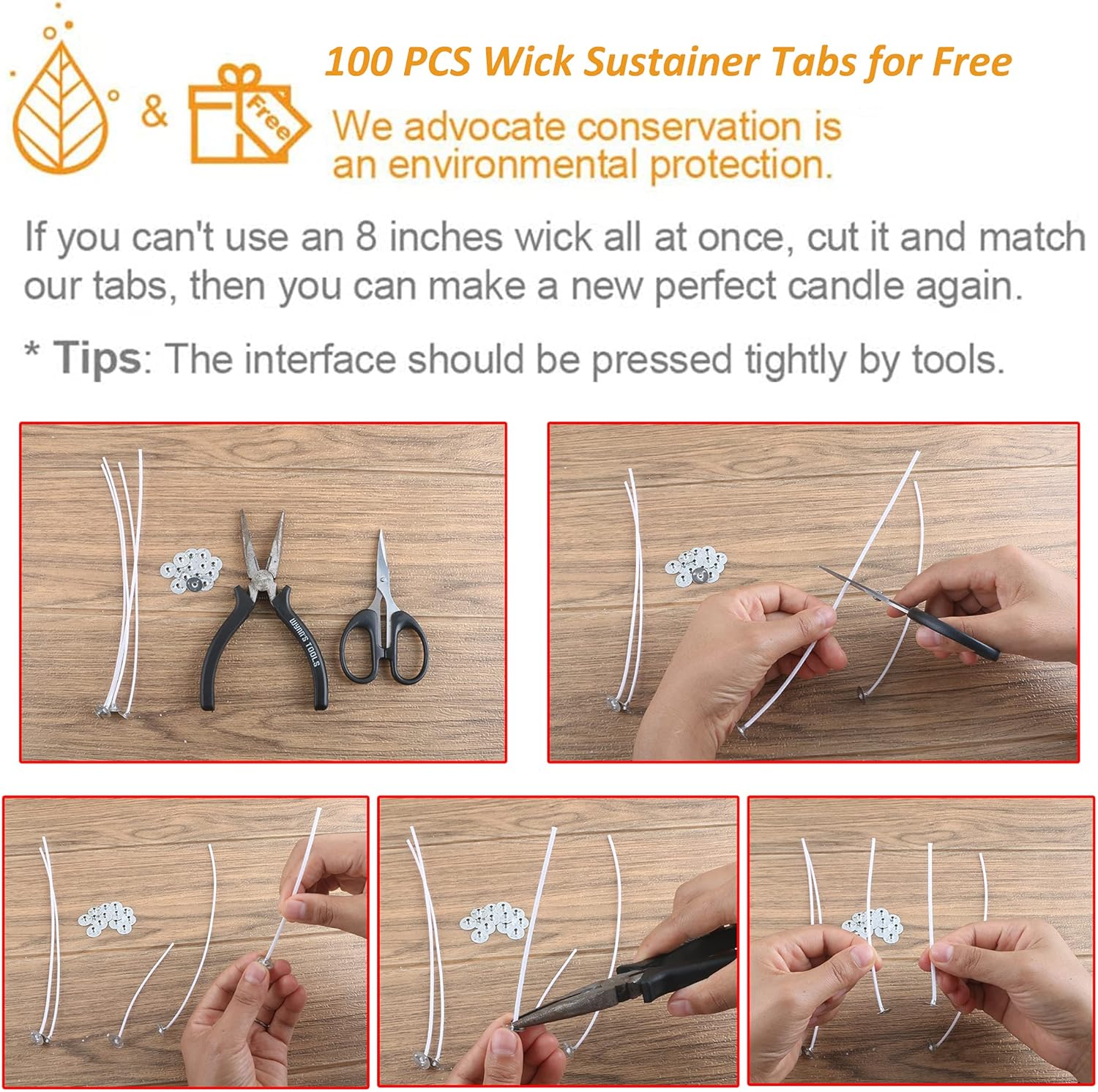 MILIVIXAY 100PCS 8 Inch Candle Wicks with Metal Tabs and Wood Holders