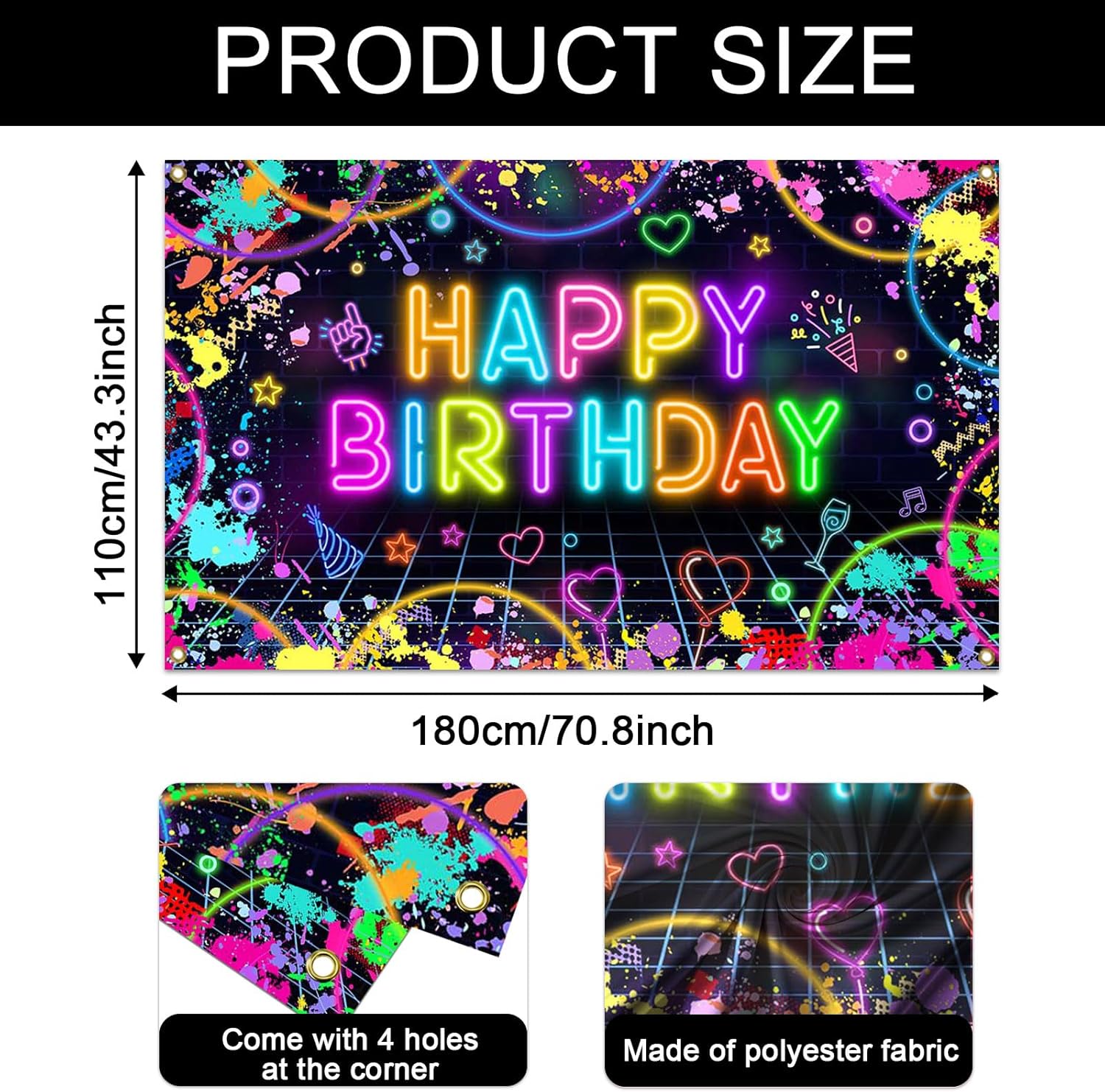 Glow in the Dark Neon Birthday Backdrop Banner