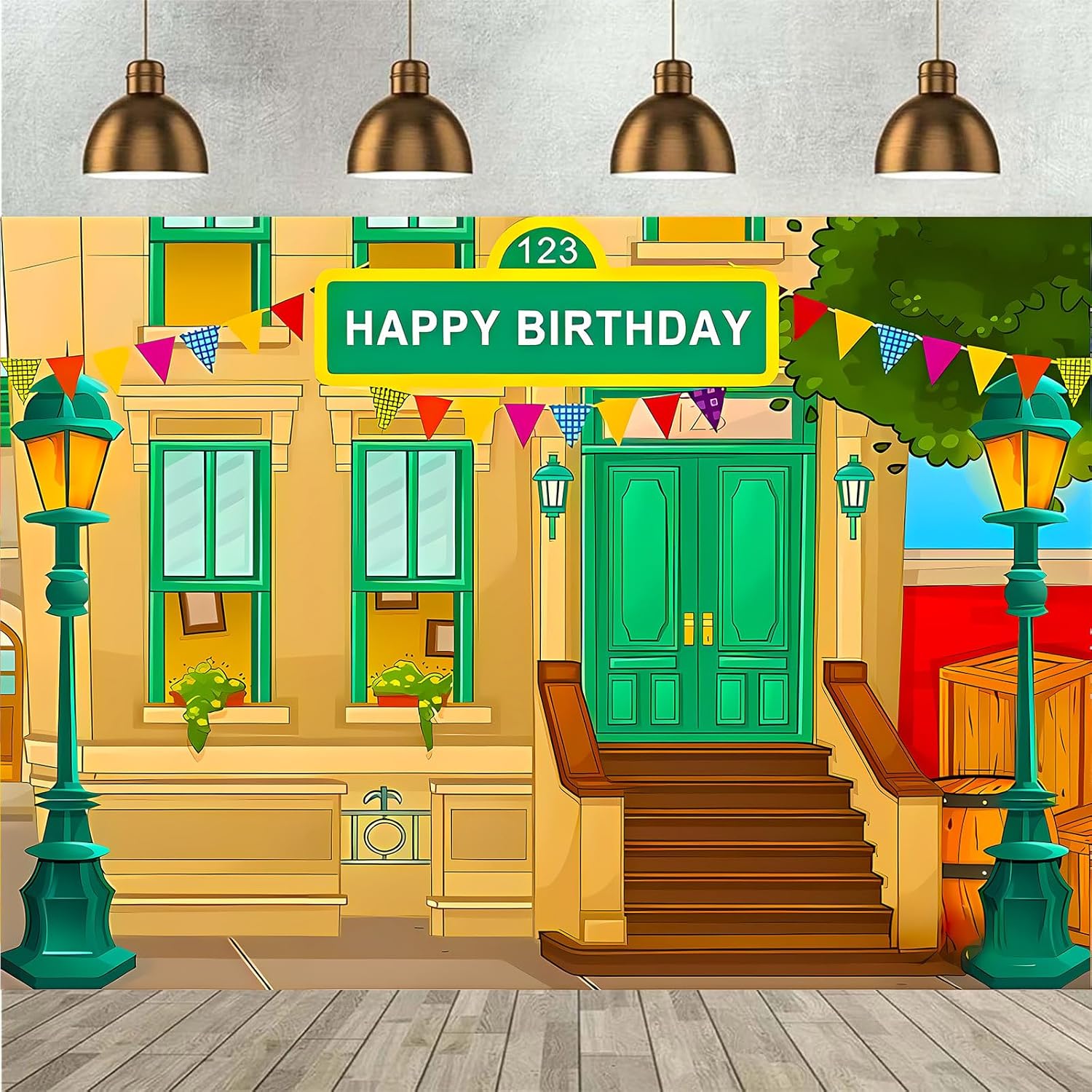 Happy Birthday Cartoon Street Theme Brick Wall Photo Background