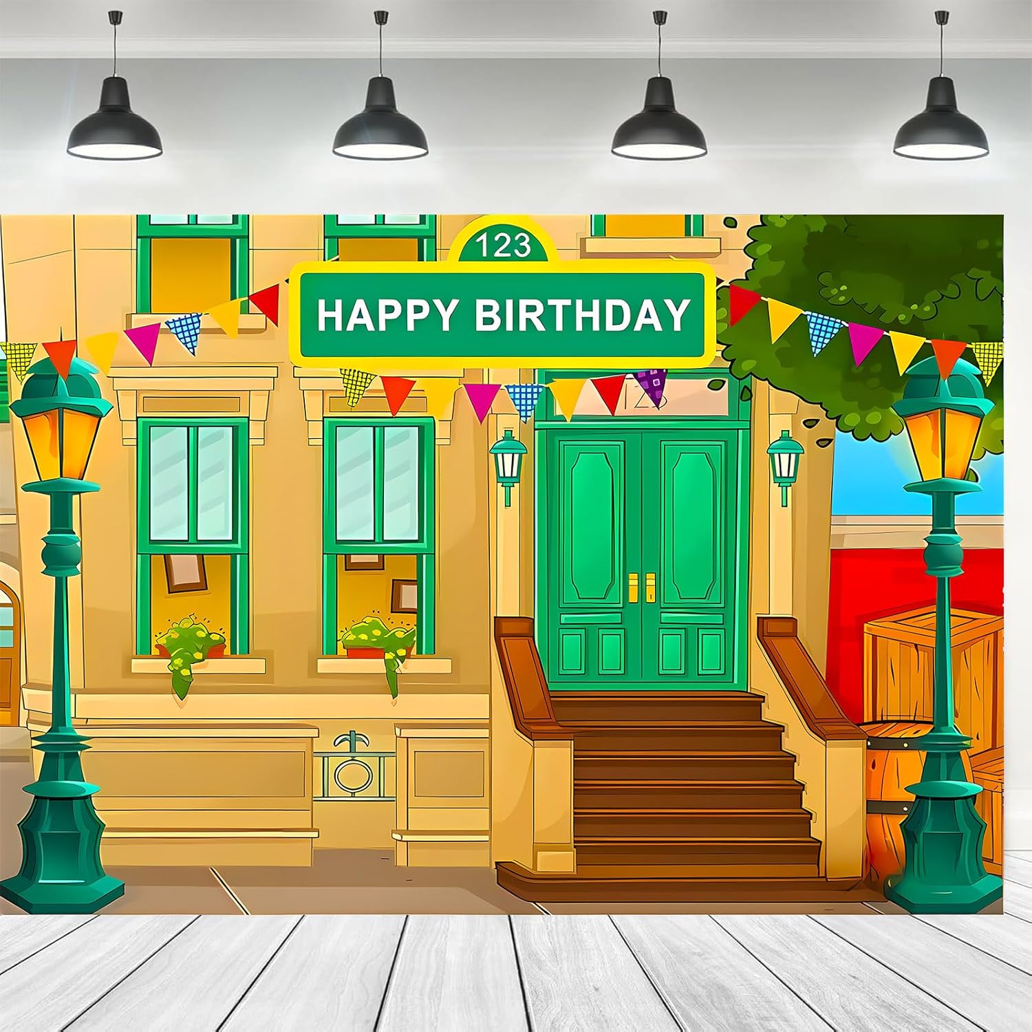 Happy Birthday Cartoon Street Theme Brick Wall Photo Background