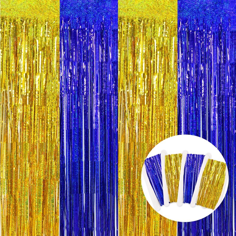 BEISHIDA 4Pcs Blue and Gold Party Streamers Curtain