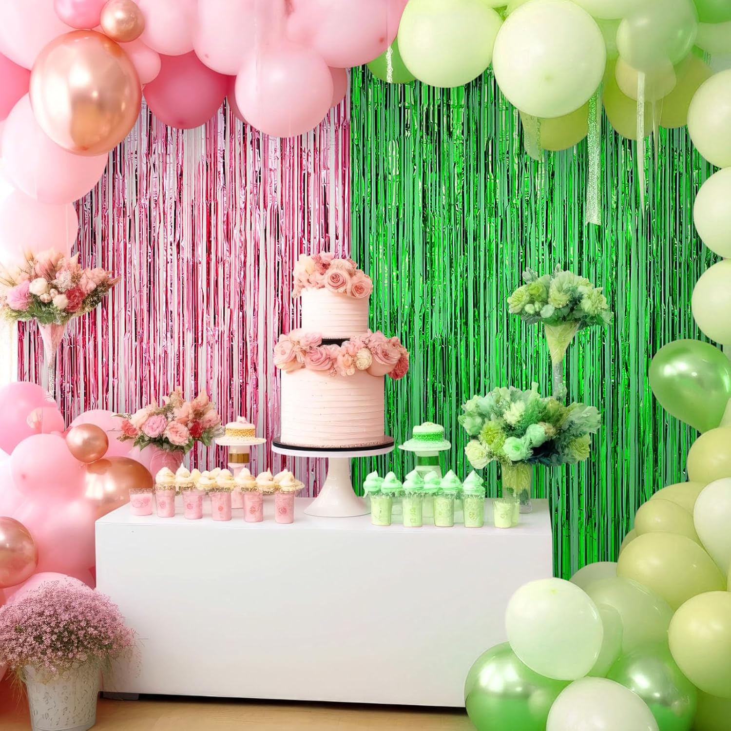 4 Pack Pink and Green Tinsel Curtain Backdrop