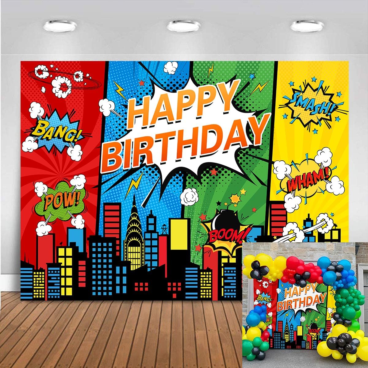 7x5FT Cartoon Superhero Cityscape Birthday Party Backdrop