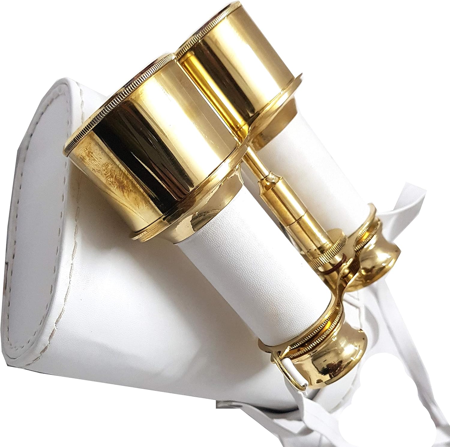 Handmade Shiny Brass Binoculars with White Leather Box
