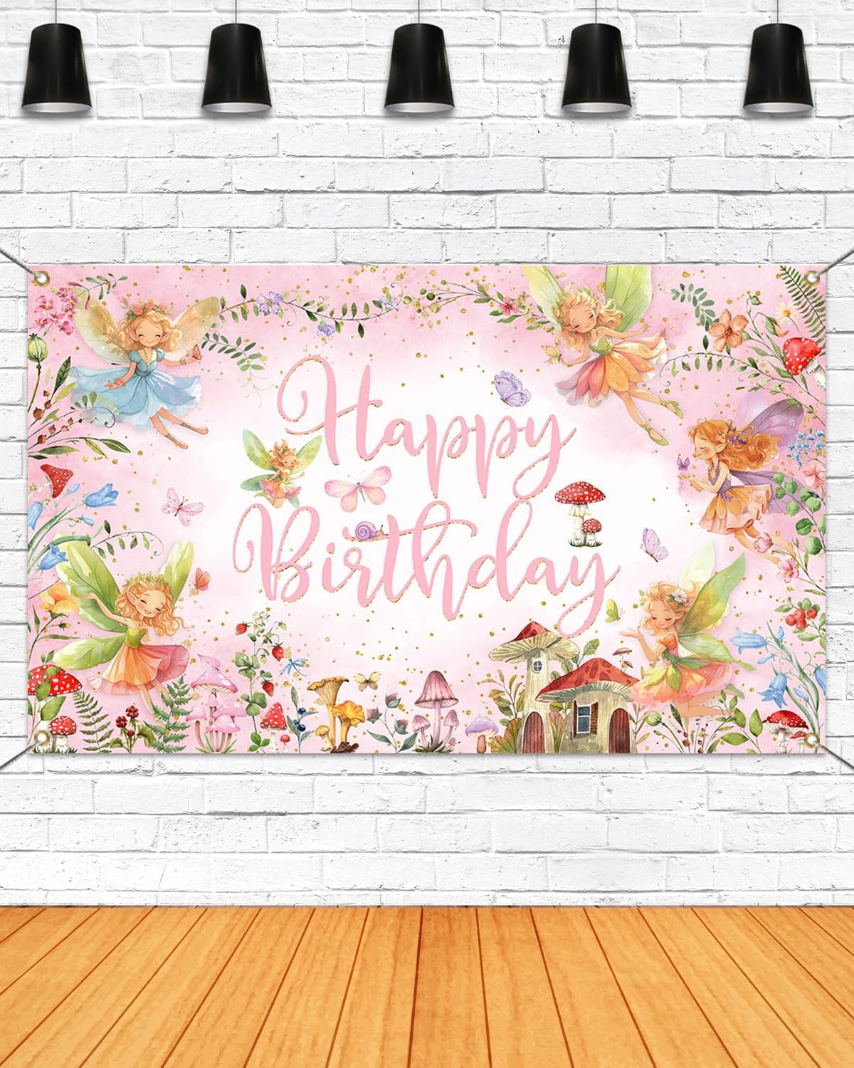 Mocsicka Fairy Birthday Backdrop Banner Pink