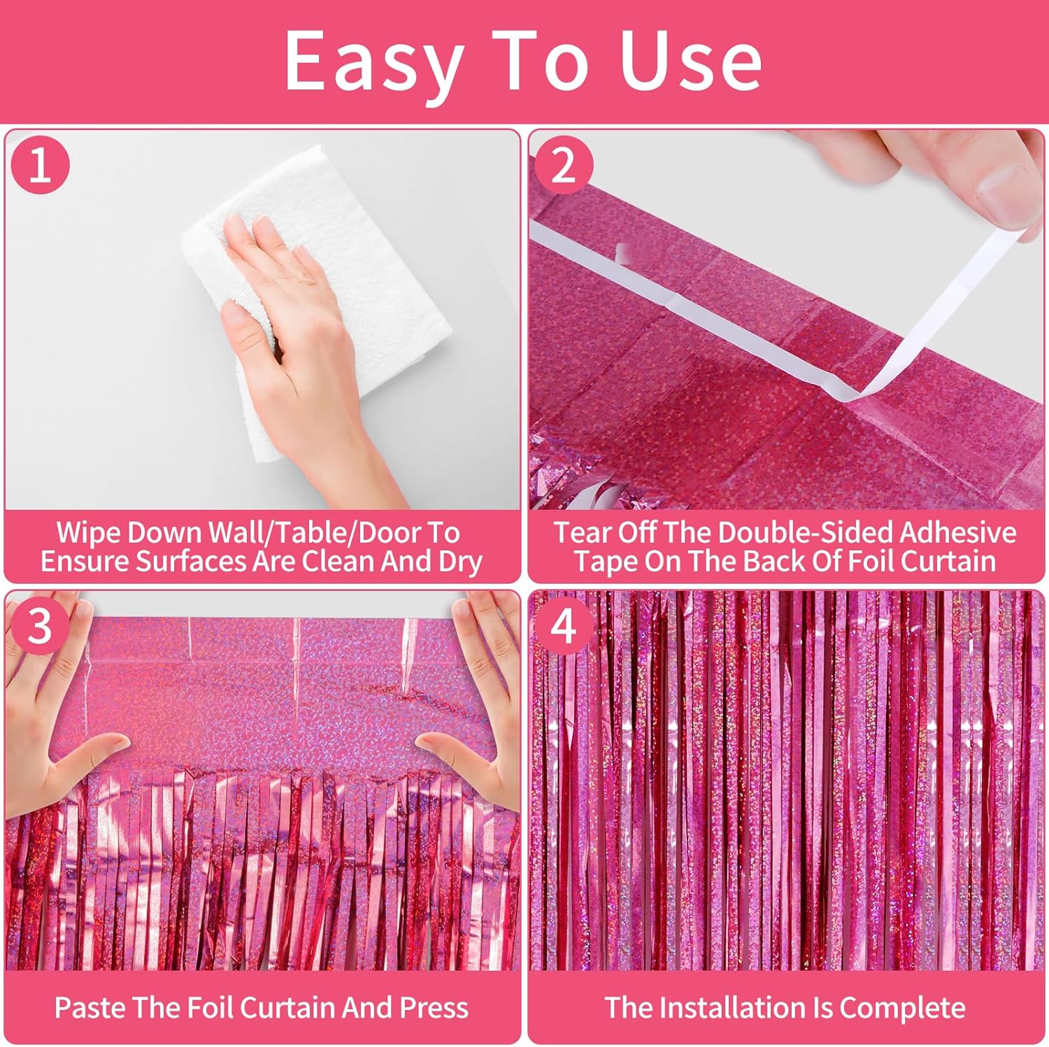 Picoway 4 Pack Pink Foil Fringe Curtain Decor
