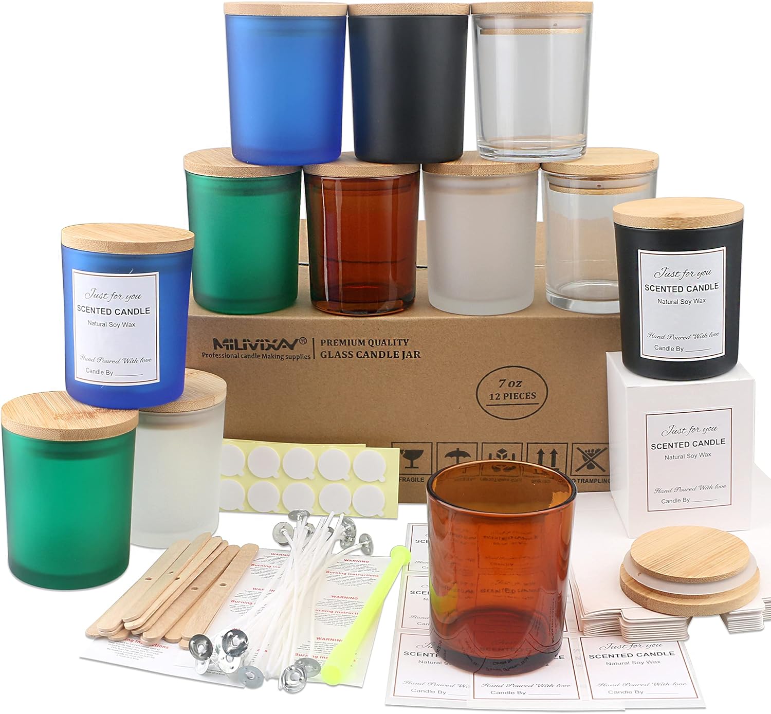MILIVIXAY 12 Pack Glass Candle Jars with Lids and Candle Making Kit