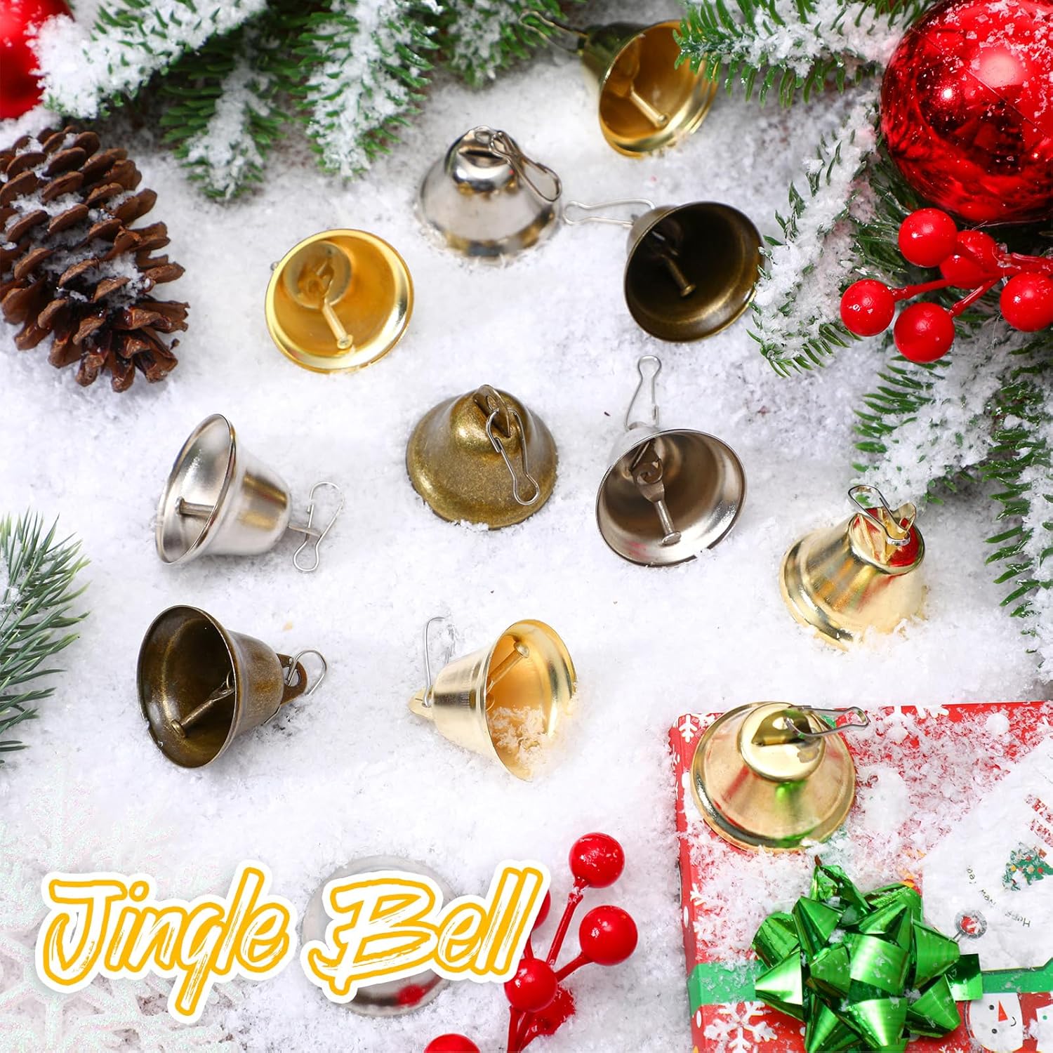 30 Piece Mini Brass Bells with Spring Hooks for Crafting