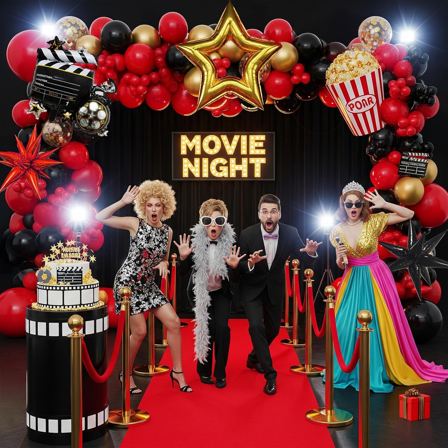 Movie Night Balloon Garland Arch Set Red Black Gold