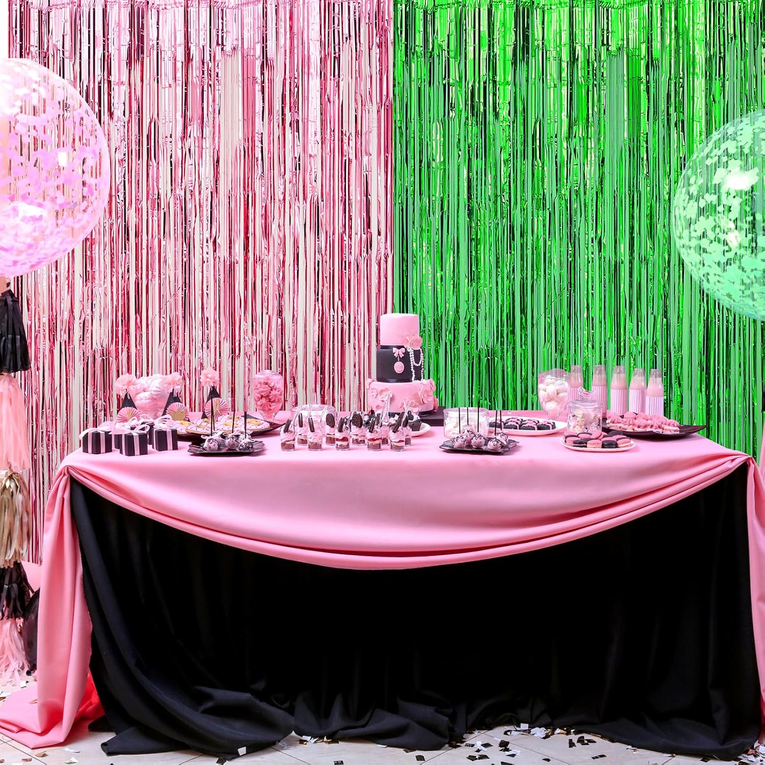 4 Pack Pink and Green Tinsel Curtain Backdrop
