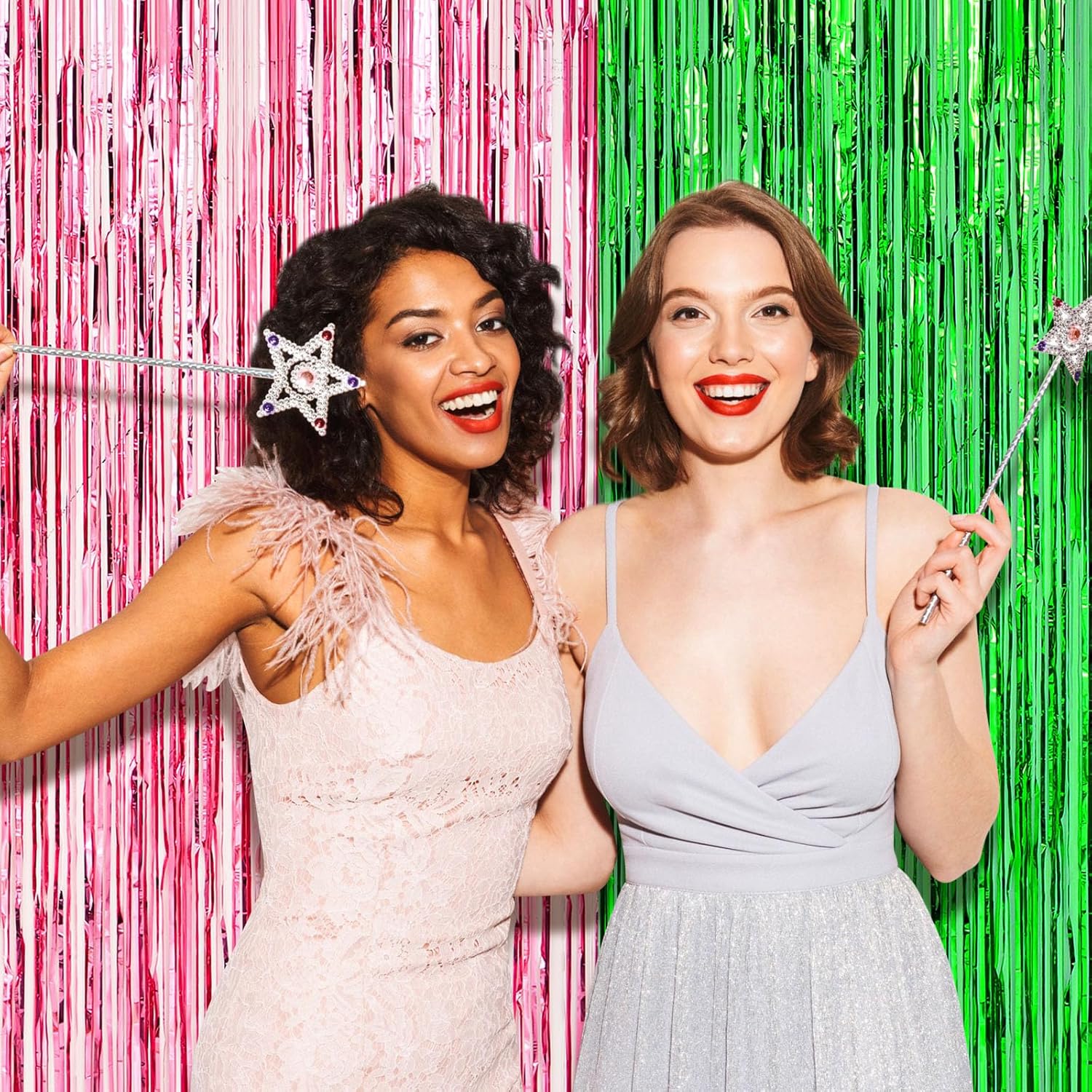 4 Pack Pink and Green Tinsel Curtain Backdrop