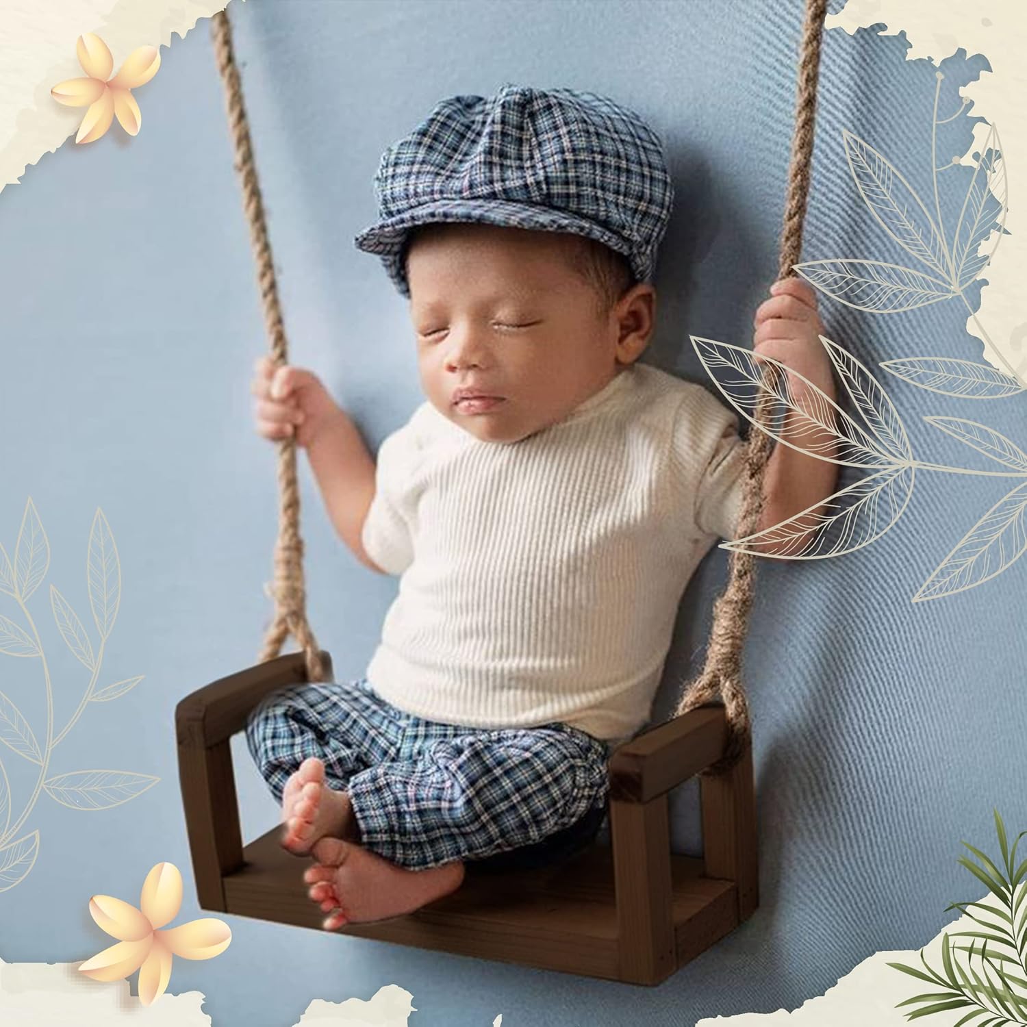 MG House Wooden Swing Baby Photo Prop Brown 6 Sunflowers