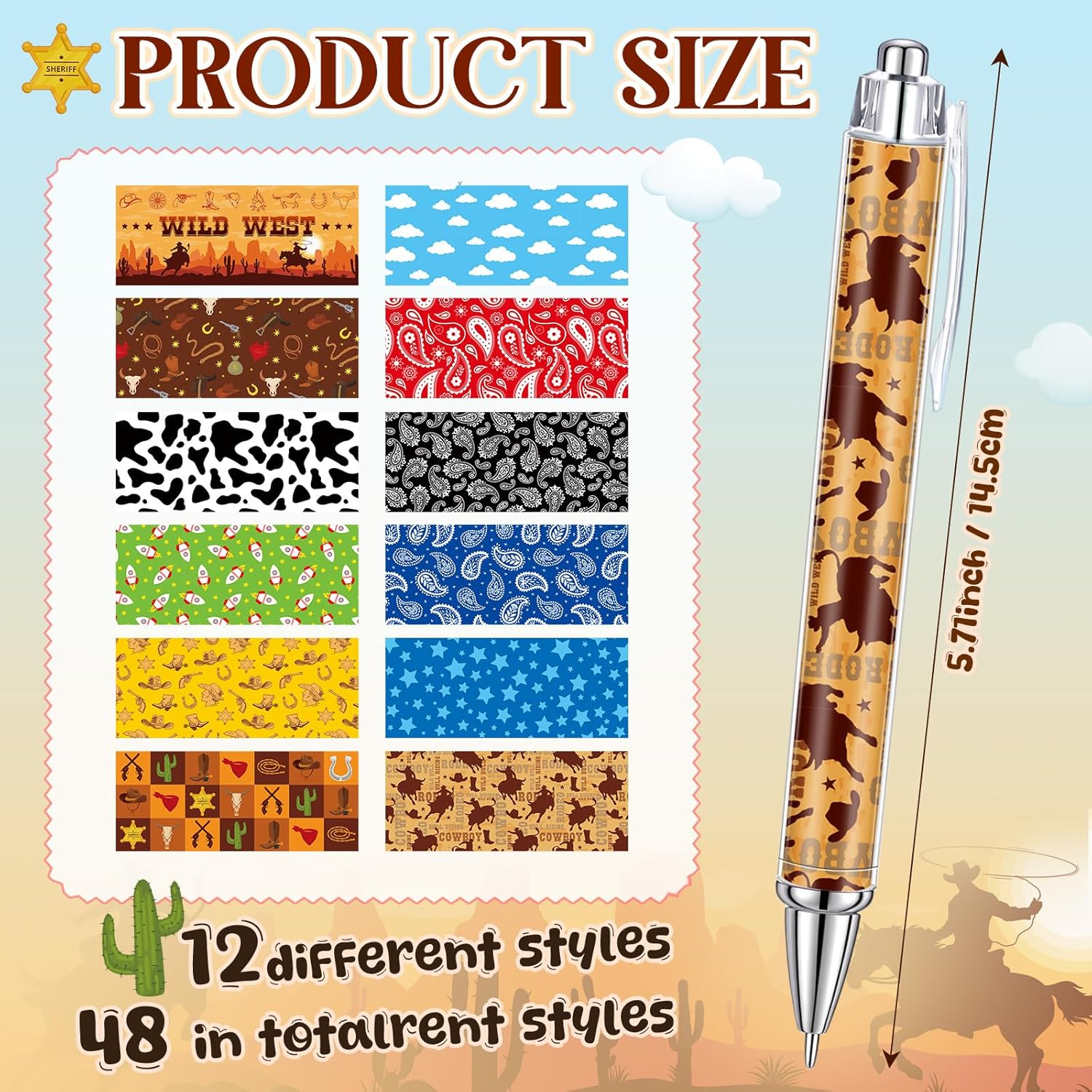 Kosiz 48 Pcs Cartoon Western Cowboy Ballpoint Pens Bulk