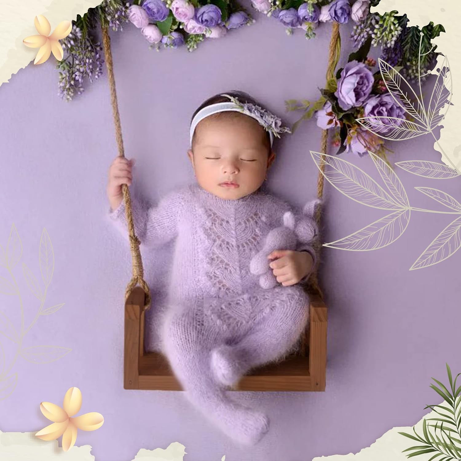 MG House Wooden Swing Baby Photo Prop Brown 6 Sunflowers