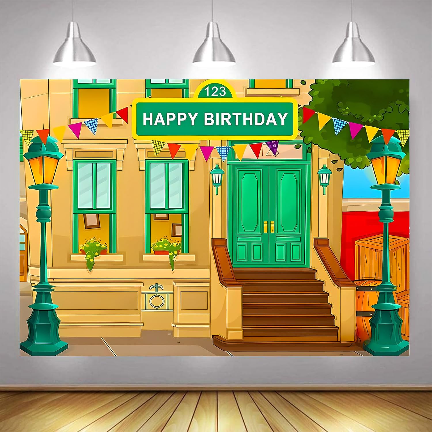 Happy Birthday Cartoon Street Theme Brick Wall Photo Background