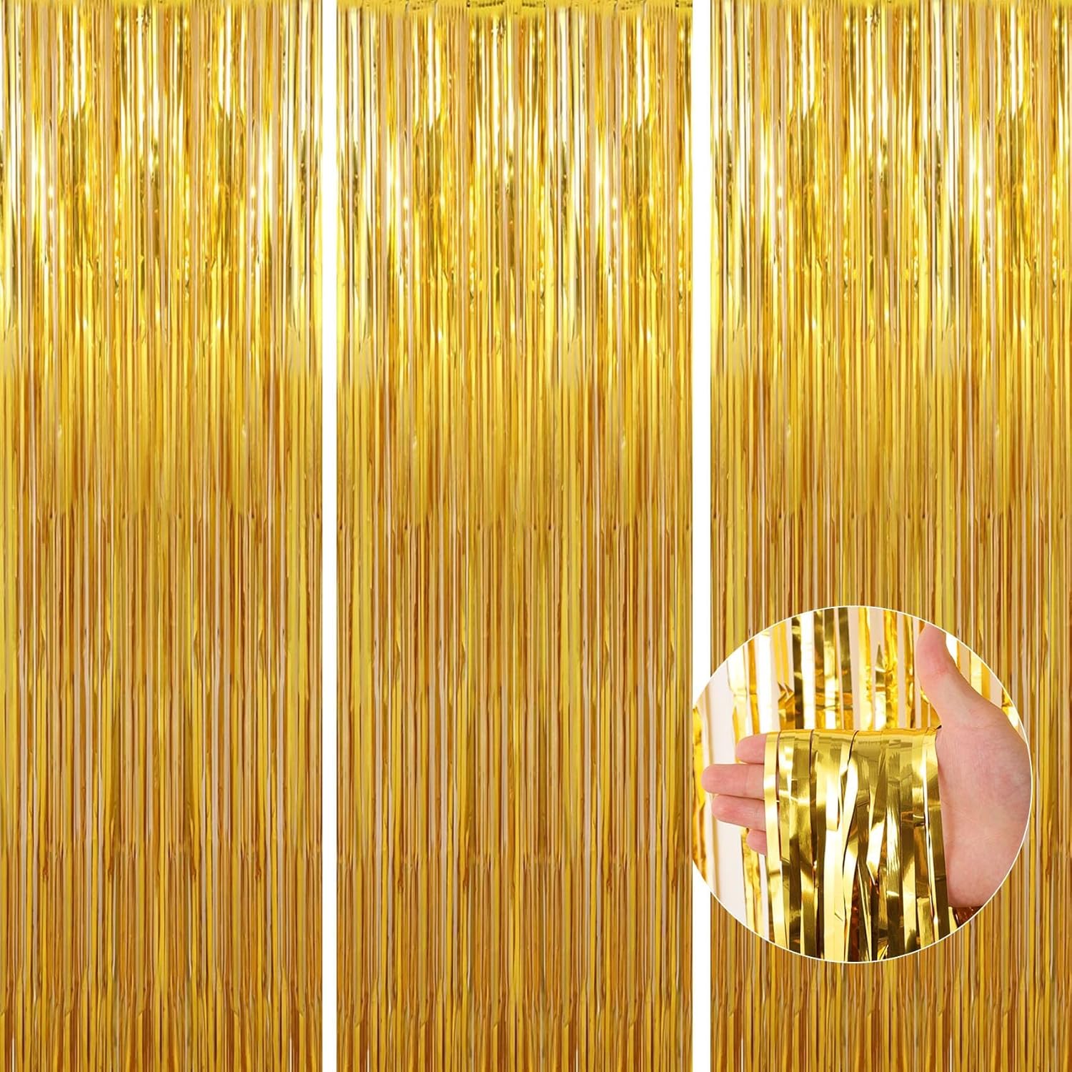 3 Pack Gold Foil Fringe Backdrop Curtains for Parties