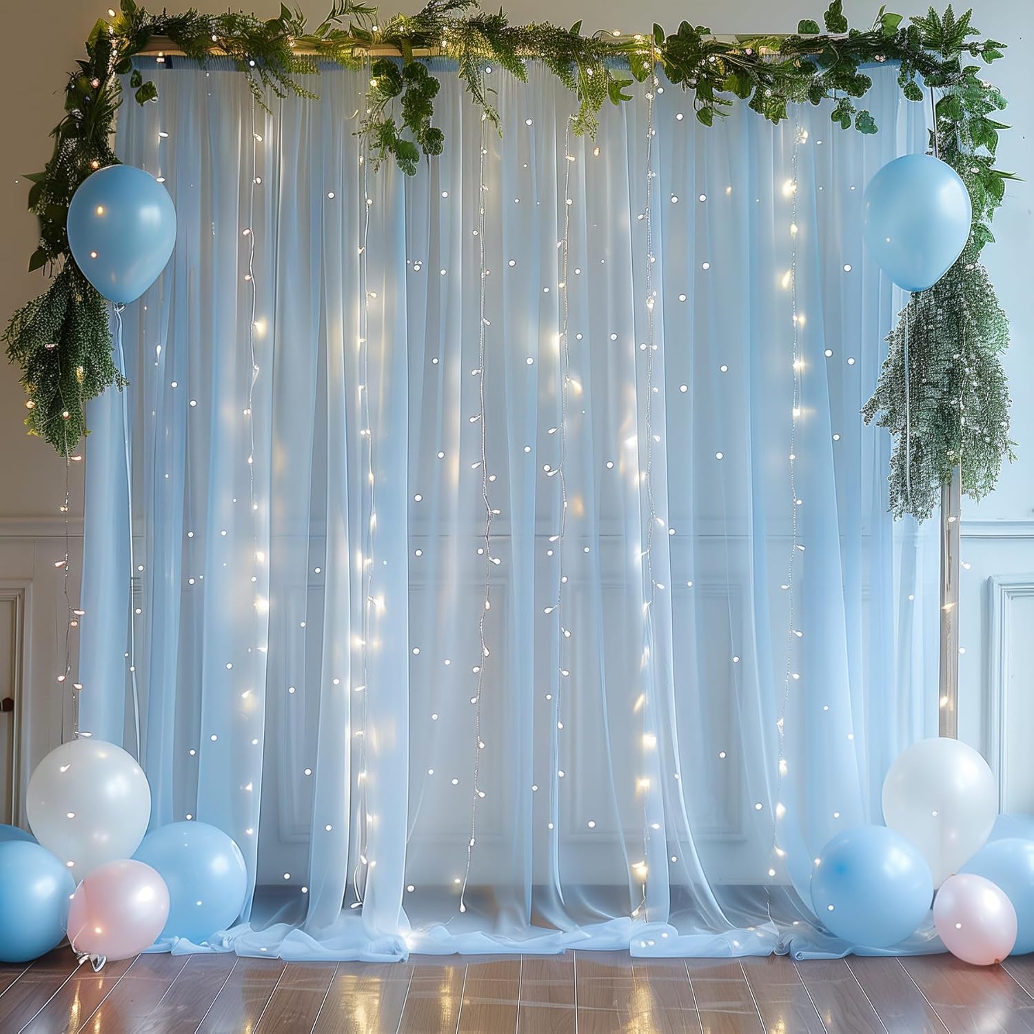10x10ft Baby Blue Tulle Backdrop with String Lights for Parties