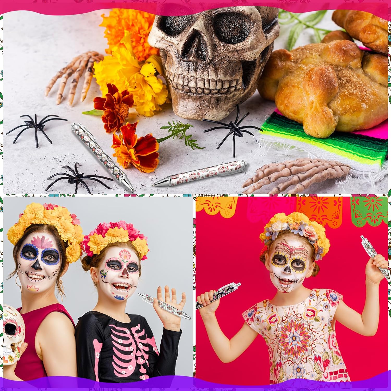 25 Pcs Holographic Sugar Skull Pens for Halloween Day of the Dead
