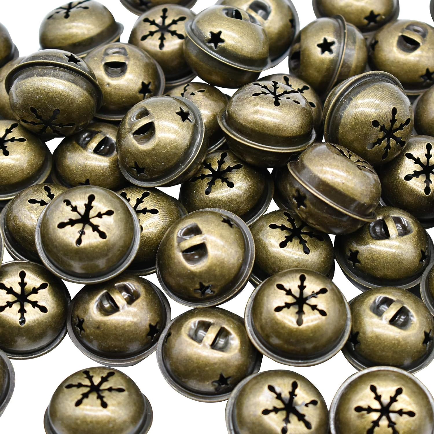 Maydahui 60 PCS Bronze Jingle Bells with Star and Snowflake Designs