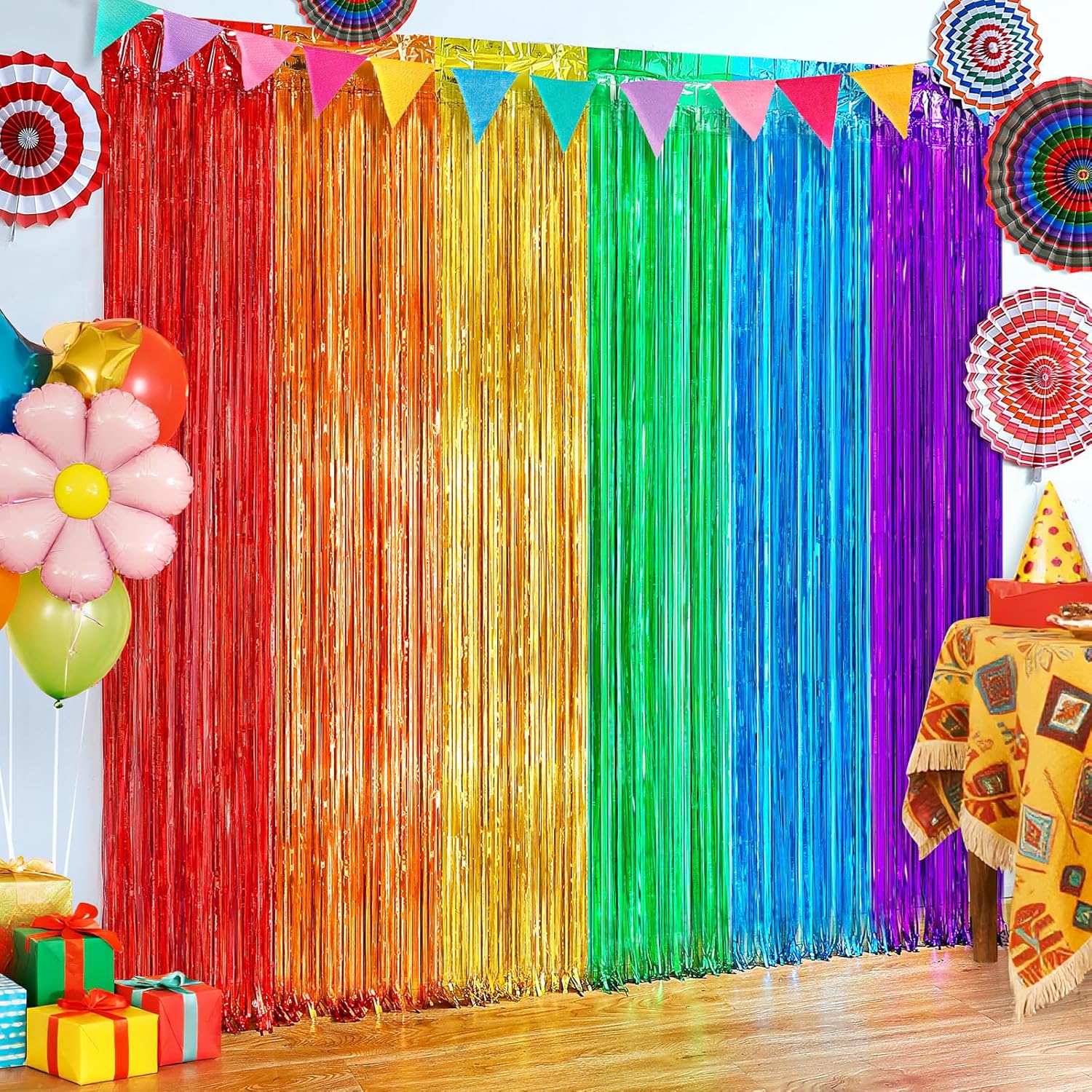 2 Pack Rainbow Foil Fringe Curtains for Party Decorations