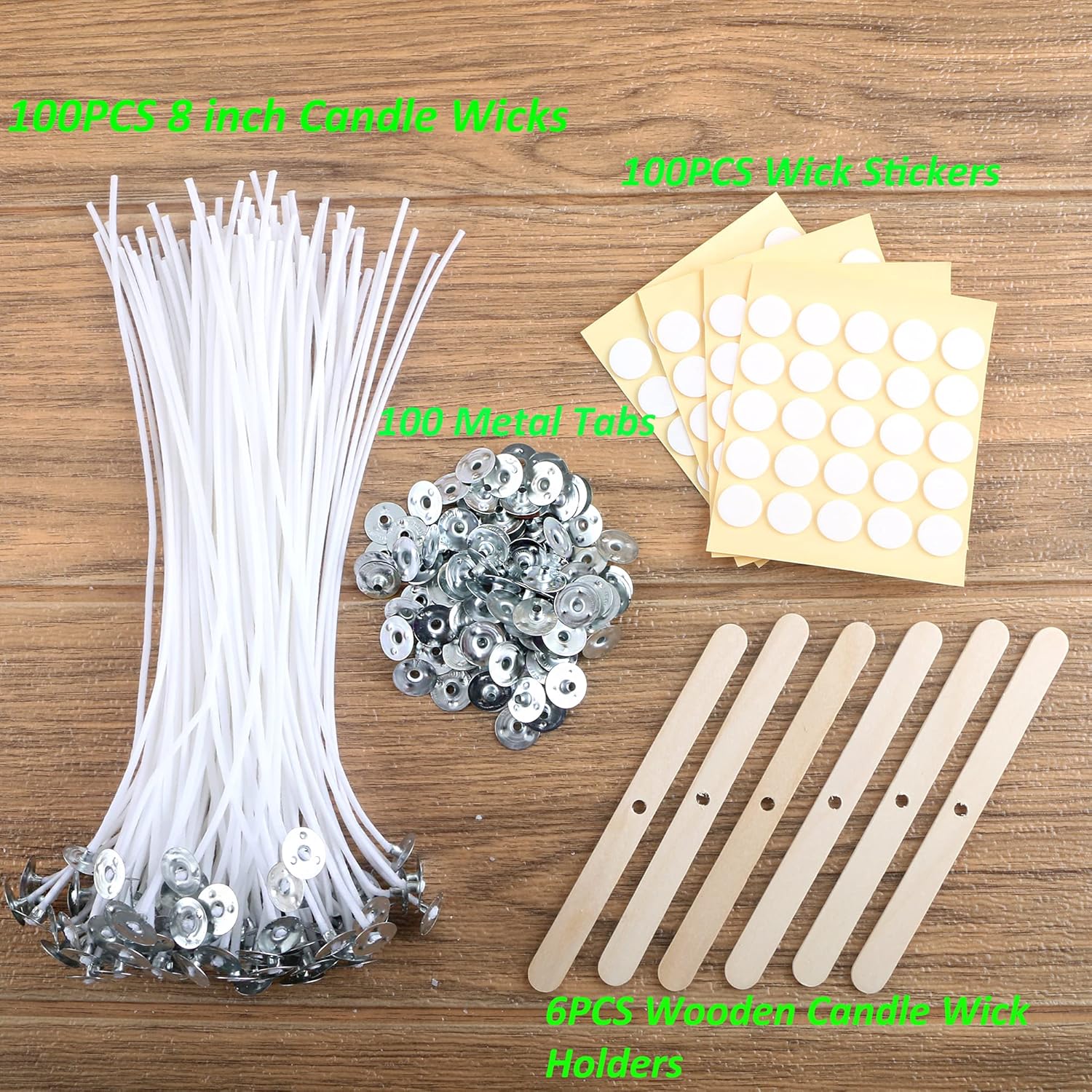 MILIVIXAY 100PCS 8 Inch Candle Wicks with Metal Tabs and Wood Holders
