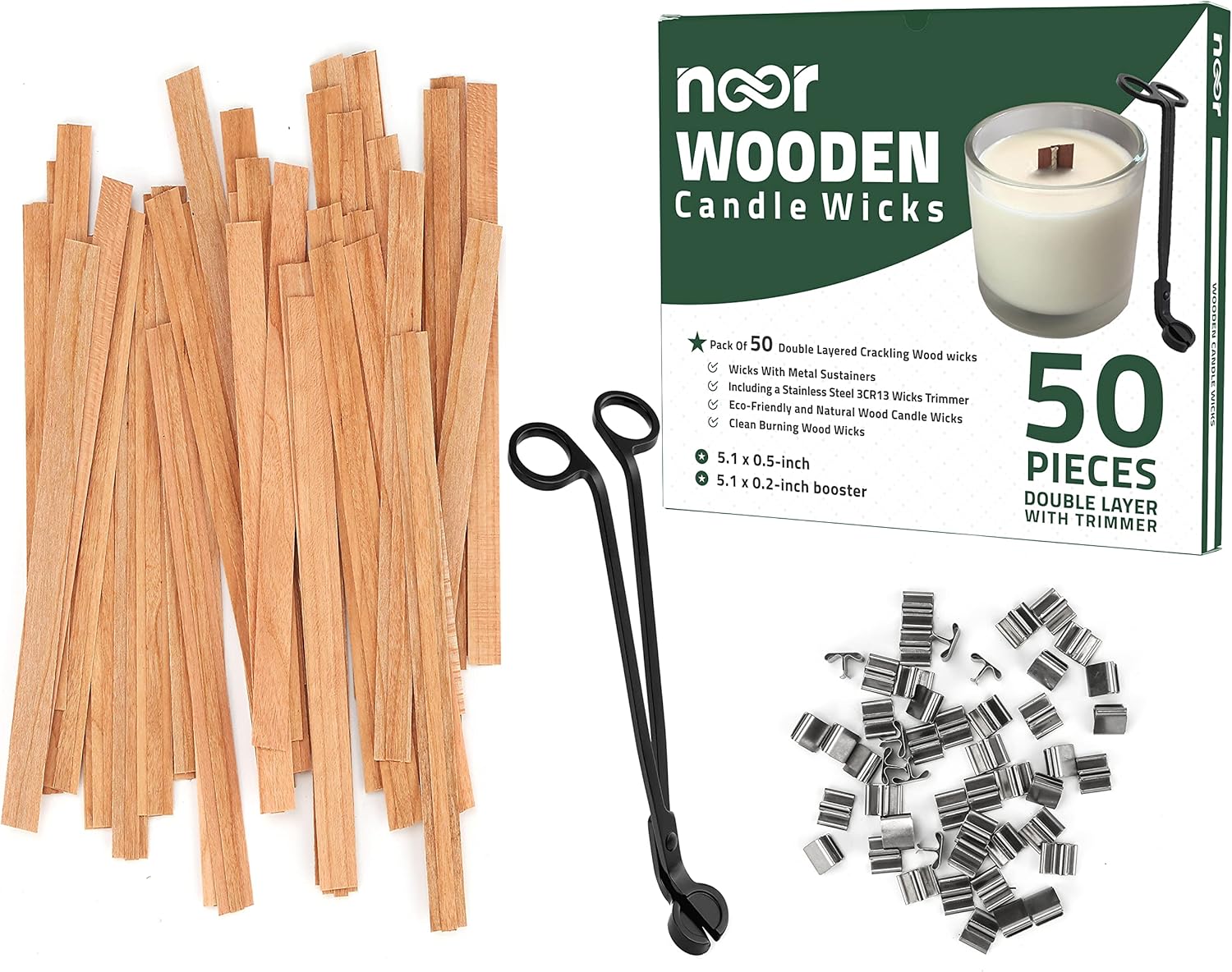 NOOR 50 Smokeless Wooden Wicks with Trimmer and Clips for Candle Making