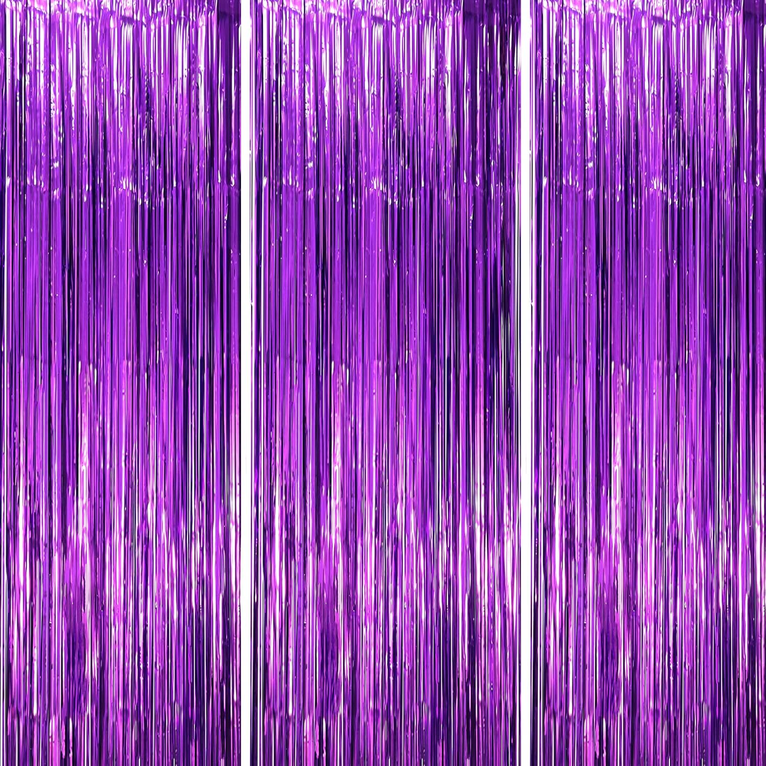 3 Pack Purple Foil Fringe Backdrop Curtains for Parties