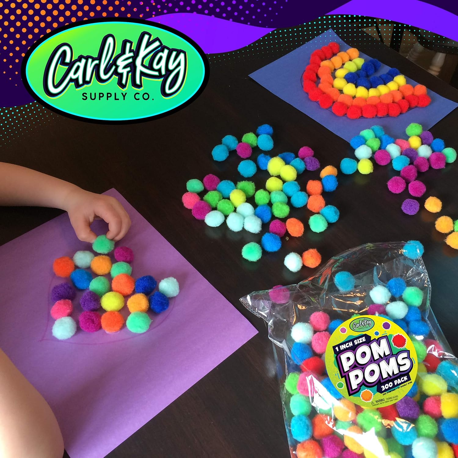 Carl Kay 300 Pcs 1 Inch Pom Poms 50 Adhesive Eyes Craft Set