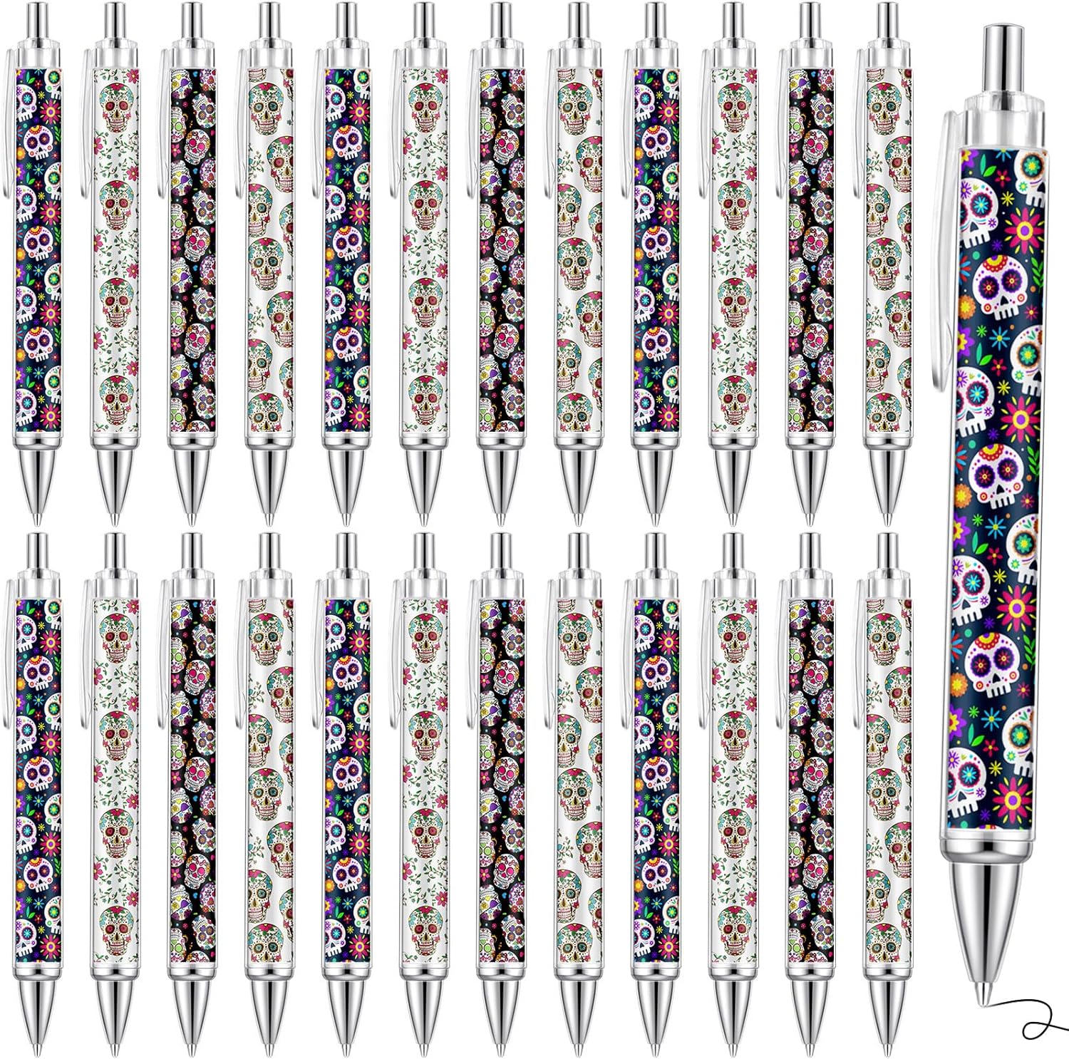 25 Pcs Holographic Sugar Skull Pens for Halloween Day of the Dead