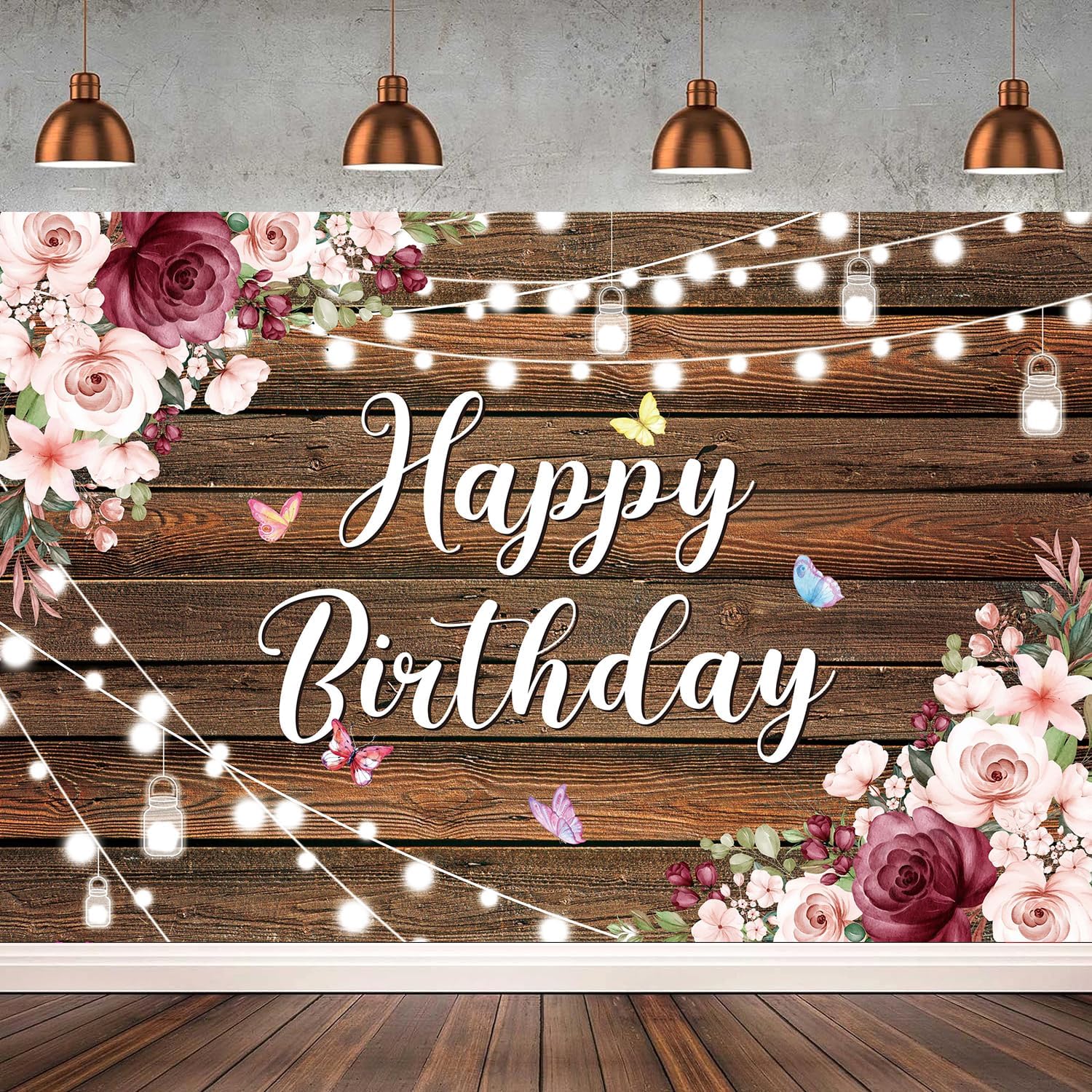YinQin Rustic Wood Flower Happy Birthday Backdrop Cloth Banner 180x120cm