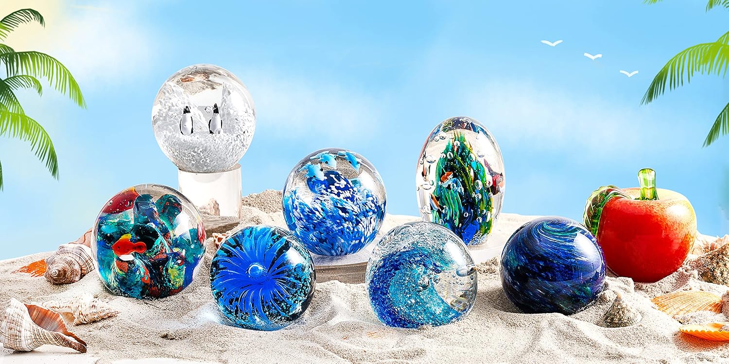 Hand Blown Glass Ocean Waves Planet Figurine Desk Paperweight