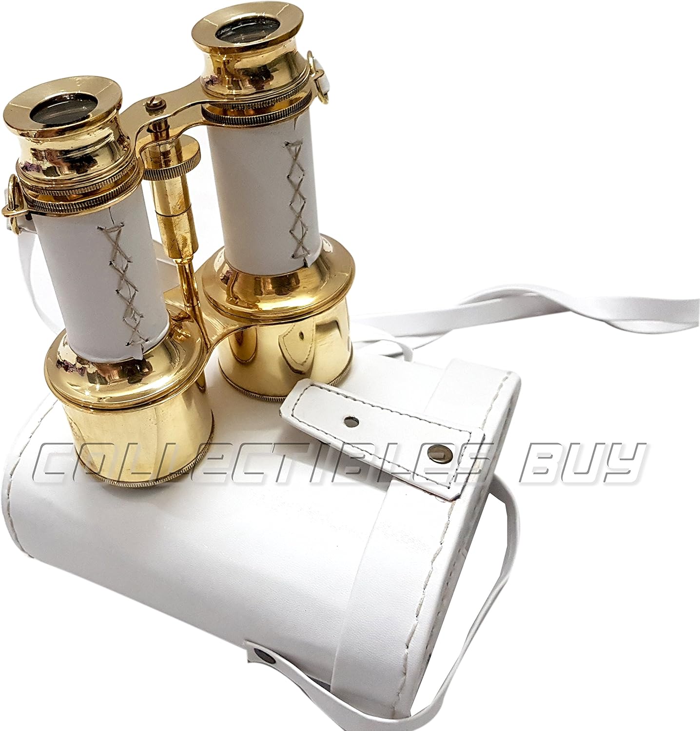 Handmade Shiny Brass Binoculars with White Leather Box
